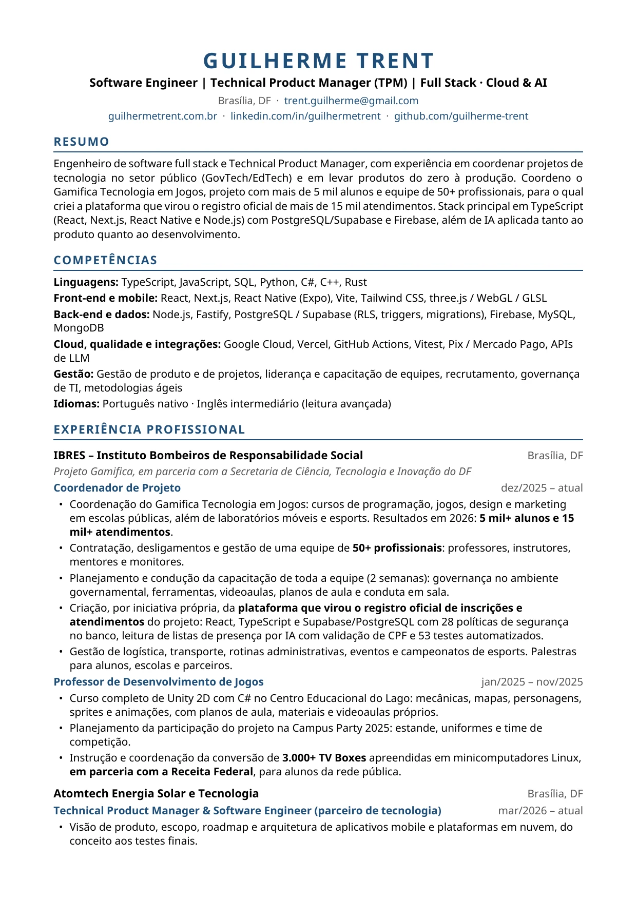 Currículo de Guilherme Trent, página 1: resumo, competências e experiência profissional